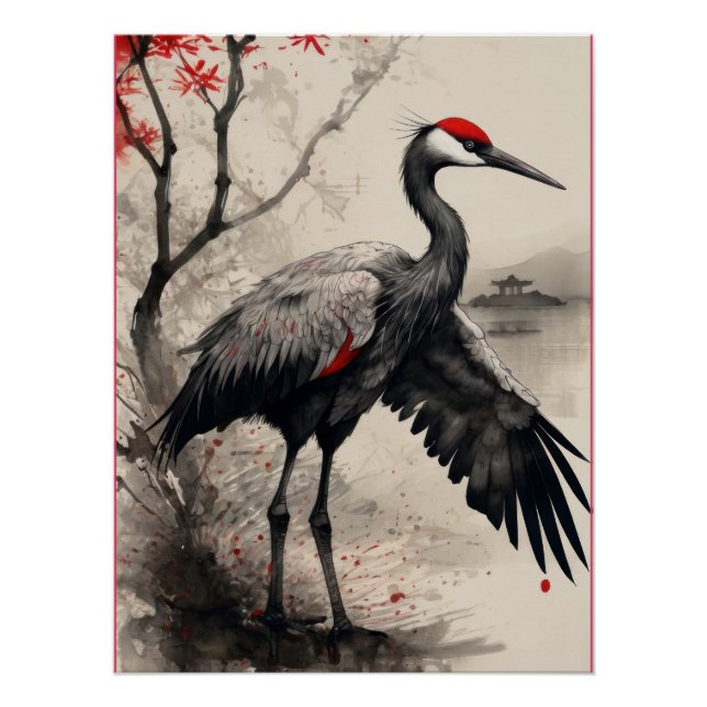Pôster Elegant Japanese Red-Crowned Crane & Maple Tree (Frente)