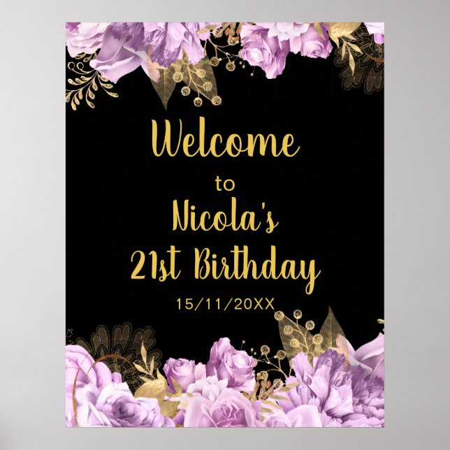 Poster Elegant Lilac and Gold Flowers Birthday Party (Frente)