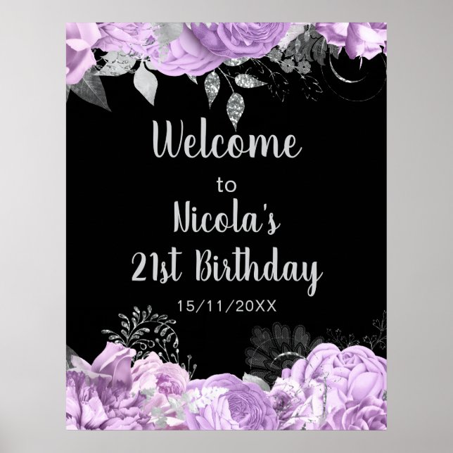 Poster Elegant Lilac and Silver Flowers Birthday Party (Frente)