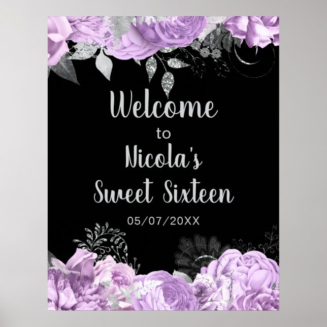 Poster Elegant Lilac and Silver Flowers Sweet Sixteen (Frente)