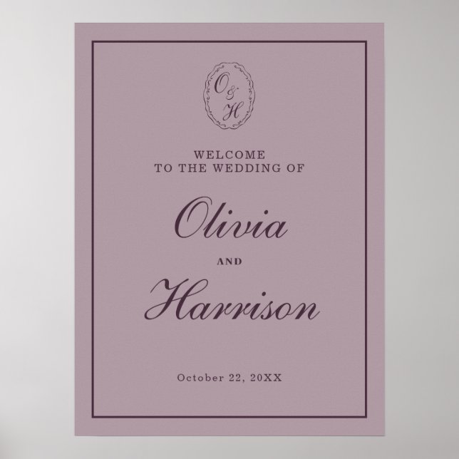 Poster Elegant Mauve Plum Wedding Welcome Sign (Frente)