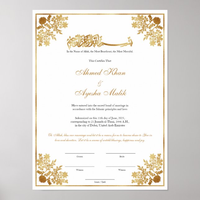 Poster Elegant Nikkah Certificate Muslim Islamic Wedding (Frente)