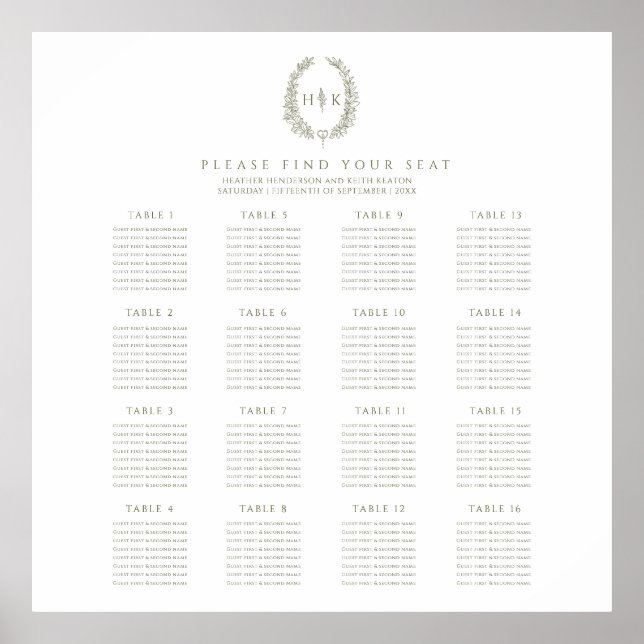 Poster Elegant oval olive green wedding 16 tables plan (Frente)