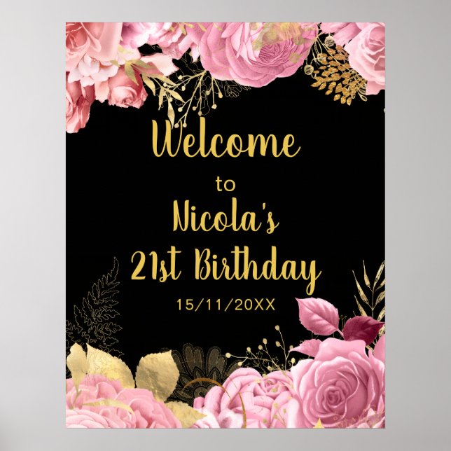 Poster Elegant Pink and Gold Flowers Birthday Party  (Frente)