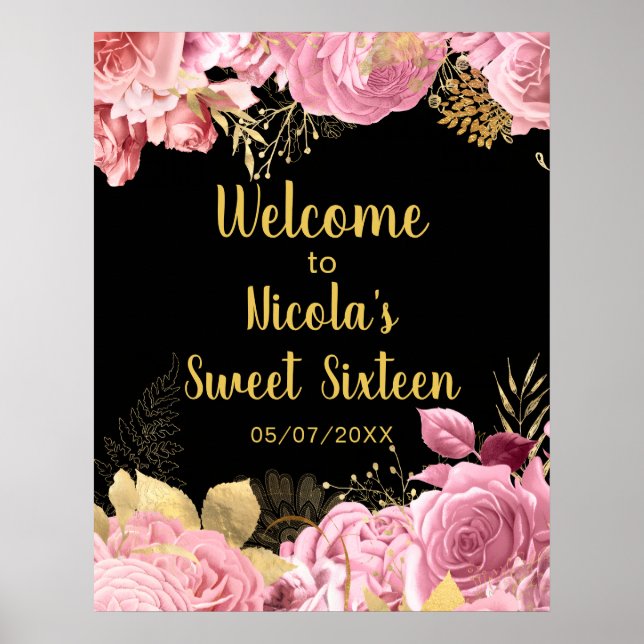 Poster Elegant Pink and Gold Flowers Sweet Sixteen  (Frente)