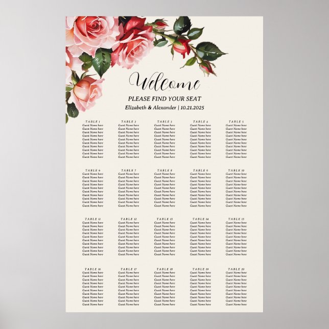 Poster Elegant pink and red roses wedding seating chart (Frente)