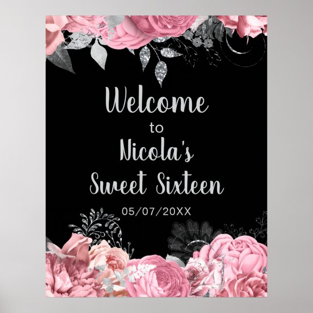 Poster Elegant Pink and Silver Flowers Sweet Sixteen  (Frente)