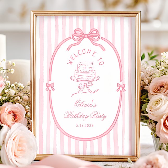 Poster Elegant Pink Bow Girl Birthday Welcome (Criador carregado)