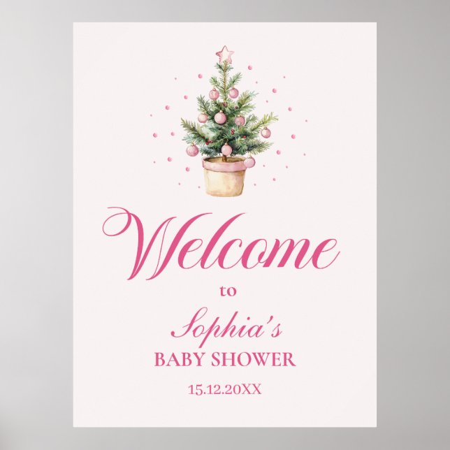 Poster Elegant Pink Christmas Tree Baby Shower Welcome (Frente)