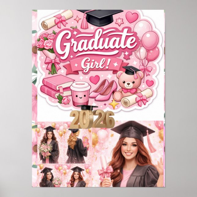 Poster Elegant Pink Floral Graduation Party baner (Frente)