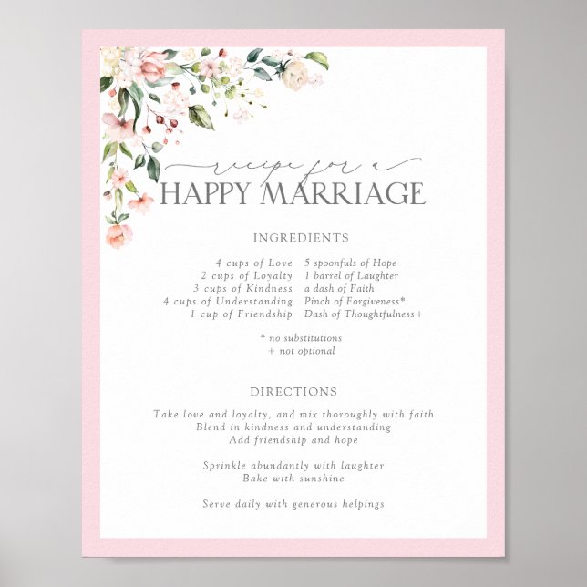 Poster Elegant Pink Floral Recipe for a Happy Marriage (Frente)