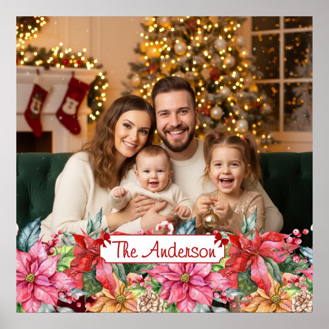 Poster Elegant Poinsettia Floral Border Custom Photos (Frente)
