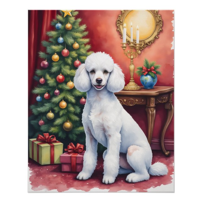 Pôster Elegant Poodle Beside Christmas Tree Holiday Dog  (Frente)