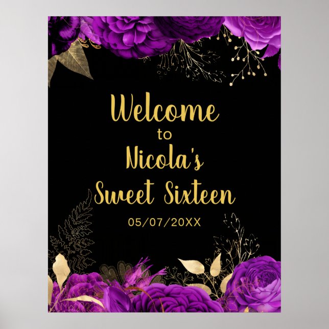Poster Elegant Purple and Gold Flowers Sweet Sixteen  (Frente)