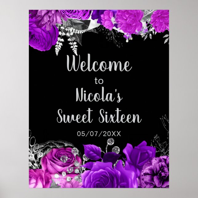 Poster Elegant Purple and Silver Flowers Sweet Sixteen  (Frente)