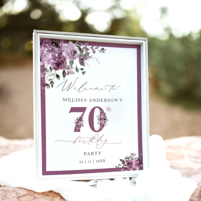 Poster Elegant Purple Floral 70th Birthday Welcome (Criador carregado)