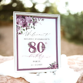 Poster Elegant Purple Floral 80th Birthday Welcome