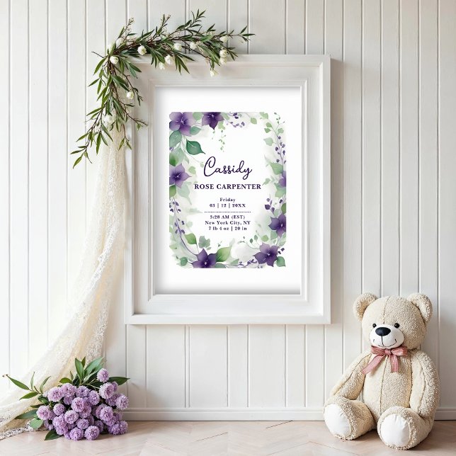 Poster Elegant Purple Garland Floral Baby Newborn Birth (Elegant Purple Garland Flowers on a White Background – Baby Newborn Birth Posters.)