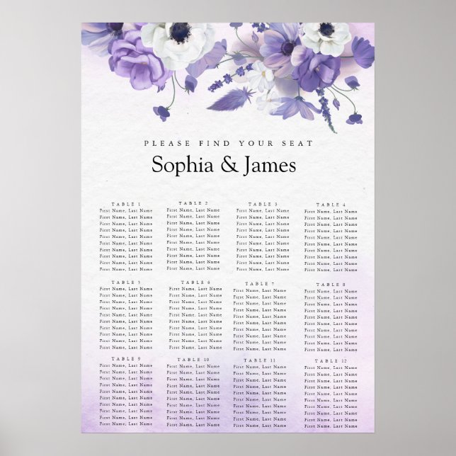 Poster Elegant Purple Watercolor wedding seating chart  (Frente)