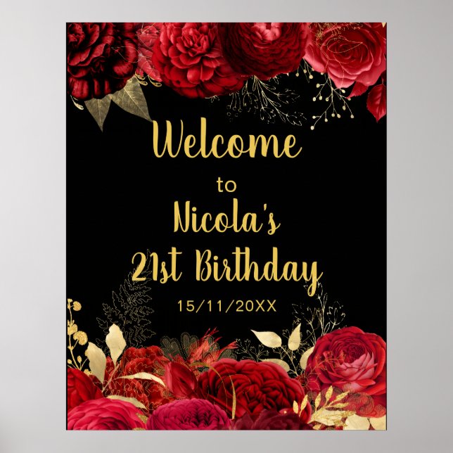 Poster Elegant Red and Gold Flowers Birthday Part Welcome (Frente)