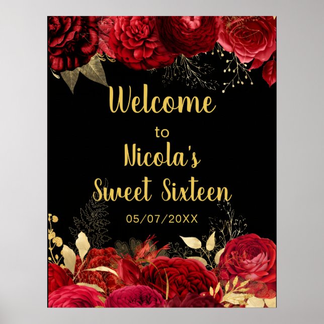 Poster Elegant Red and Gold Flowers Sweet Sixteen Welcome (Frente)