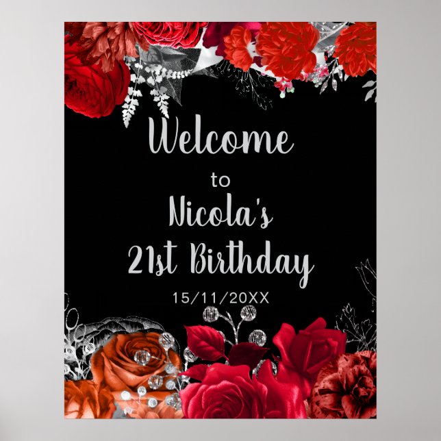 Poster Elegant Red and Silver Flowers Birthday Part  (Frente)