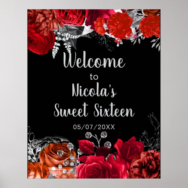 Poster Elegant Red and Silver Flowers Sweet Sixteen  (Frente)