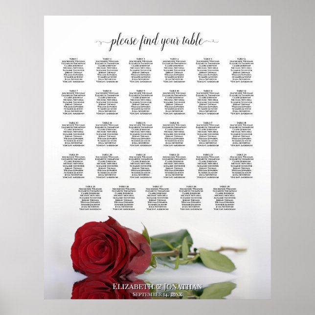 Poster Elegant Red Rose 29 Table Wedding Seating Chart (Frente)