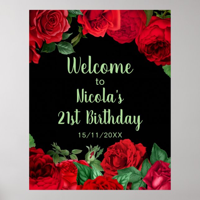 Poster Elegant Red Roses Flowers Birthday Party (Frente)