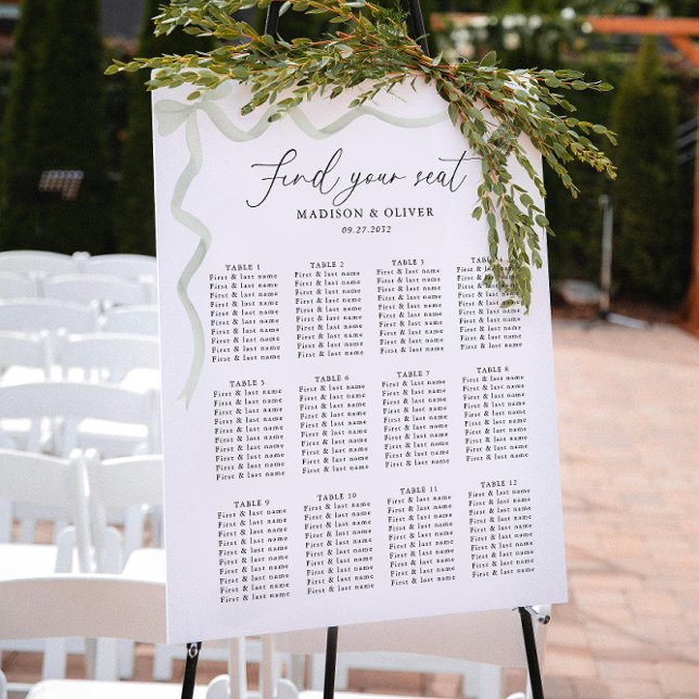 Poster Elegant Sage Green Bow Wedding Seating Charts (Criador carregado)