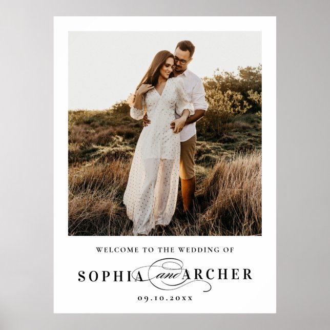 Poster Elegant Script Black and White Wedding Welcome (Frente)