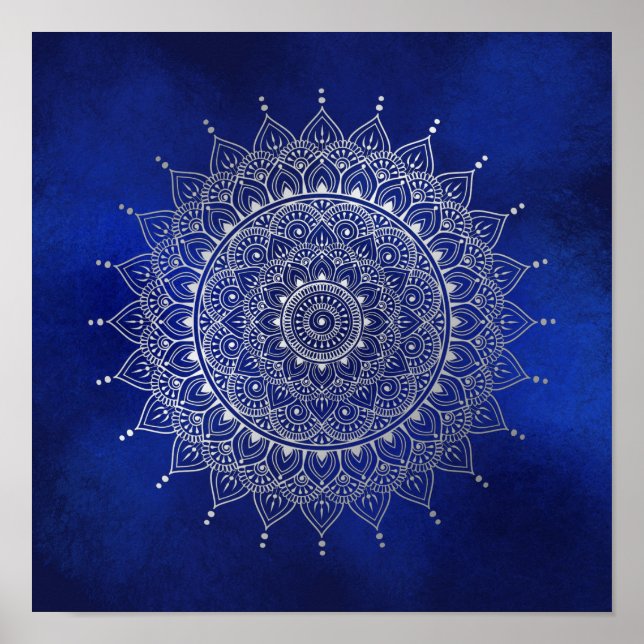 Poster Elegant Silver on Deep Blue Floral Henna Mandala (Frente)