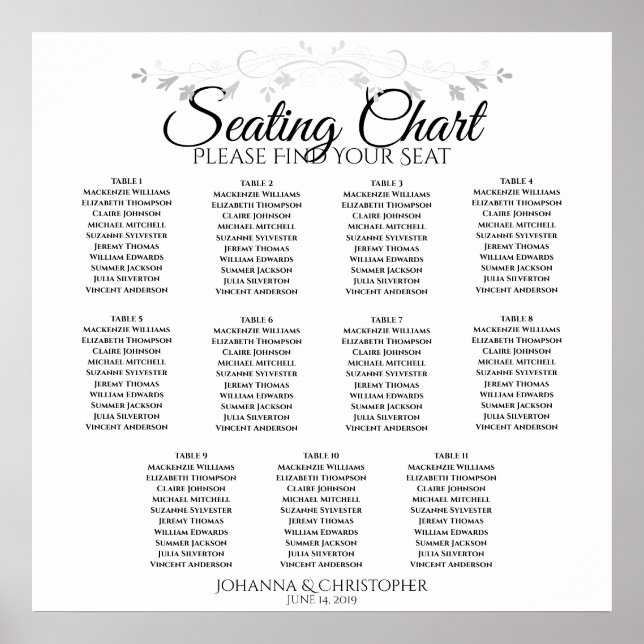 Poster Elegant Simple 11 Table Wedding Seating Chart (Frente)