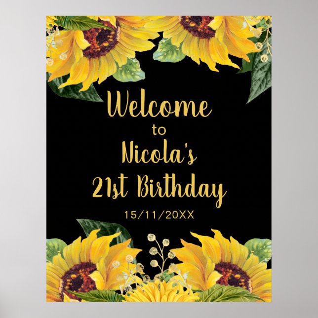 Poster Elegant Sunflowers and Foliage Birthday Party (Frente)