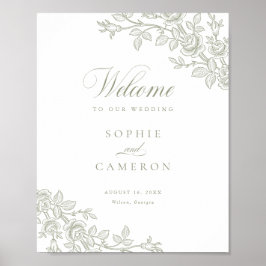 Poster Elegant Vintage Floral Sage Green Wedding Welcome