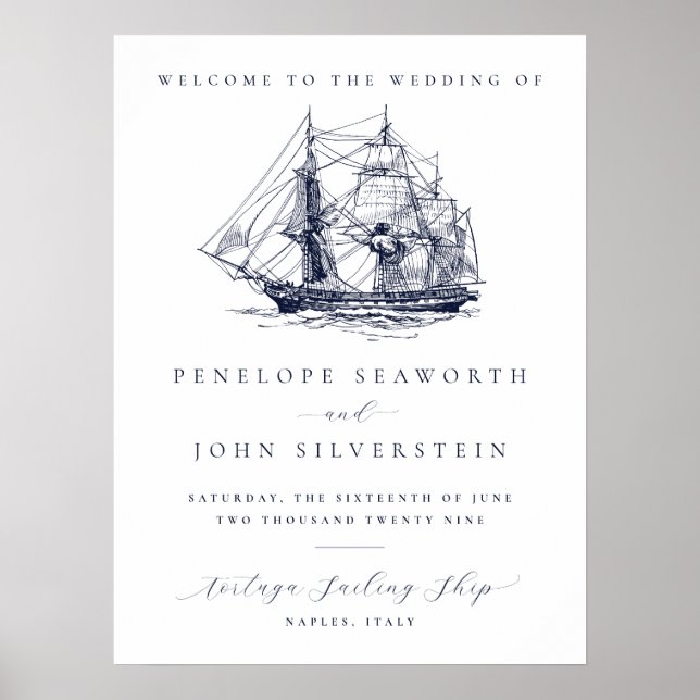 Poster Elegant Vintage Nautical Ship Destination Wedding (Frente)