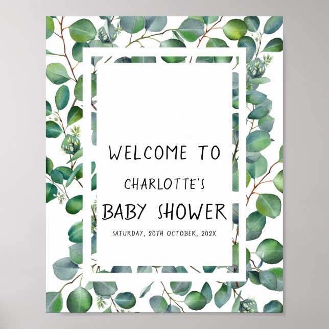 Poster Elegant Watercolor Eucalyptus Baby Shower Welcome (Frente)