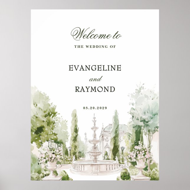 Poster Elegant Watercolor Manor Garden Wedding (Frente)