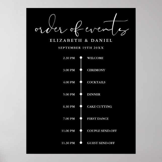 Poster Elegant Wedding Order Of Events Timeline Sign (Frente)