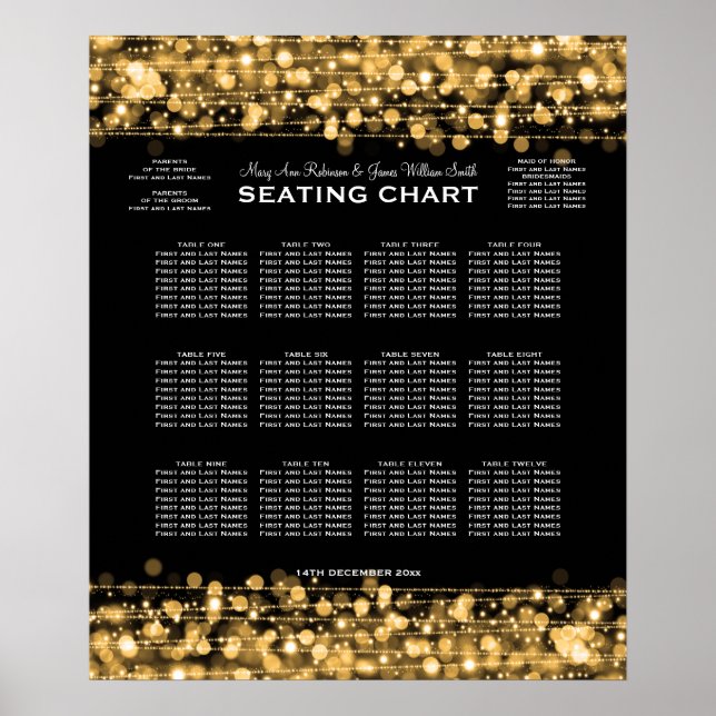 Poster Elegant Wedding Seating Chart Party Sparkles Gold (Frente)