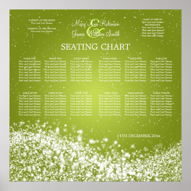 Pôster Elegant Wedding Seating Chart Sparkling Wave Lime (Frente)