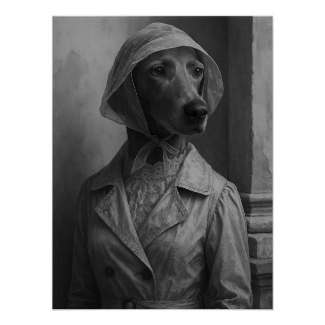 Pôster Elegant Weimaraner in Vintage Raincoat and Bonnet  (Frente)