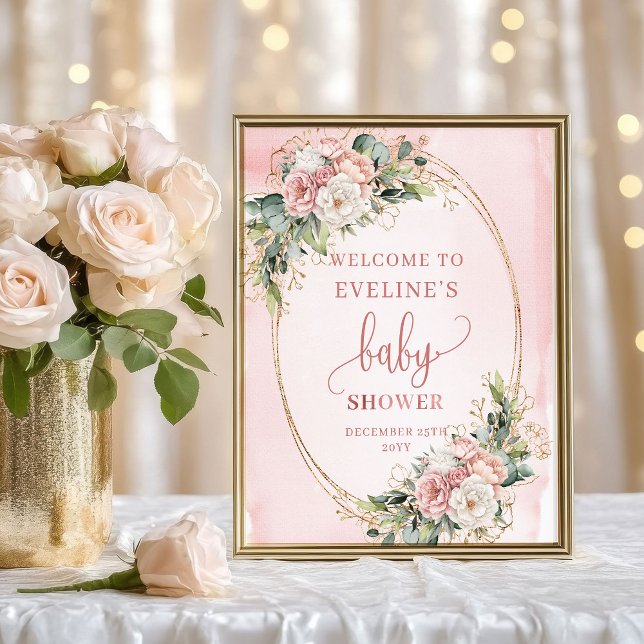 Poster Elegant Welcome Rose Gold Floral Baby Shower Sign (Elegant Welcome Rose Gold Floral Baby Shower Sign)
