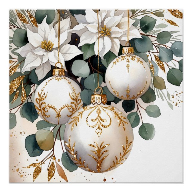 Pôster Elegant White and Gold Baubles Watercolor (Frente)
