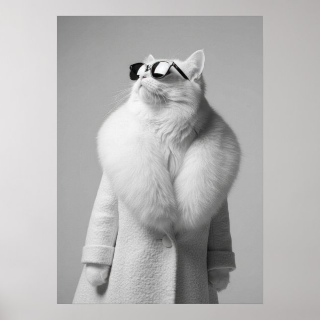 Poster Elegant White Cat in Fur Collar Coat Sunglasses (Frente)