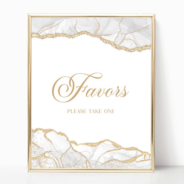 Poster Elegant White Gold Agate Party Favors Sign (Criador carregado)