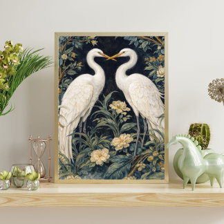 Poster Elegant White Herons in Garden – Vintage Botanical