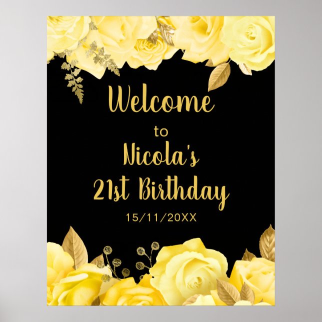 Poster Elegant Yellow and Gold Flowers Birthday Party (Frente)