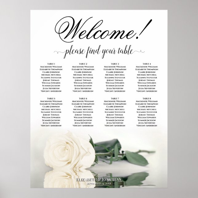 Poster Elegante 8 Mesas White Rose Seating Chart (Frente)