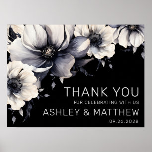 Poster Elegante Agradecimento de Casamento Floral Preto e